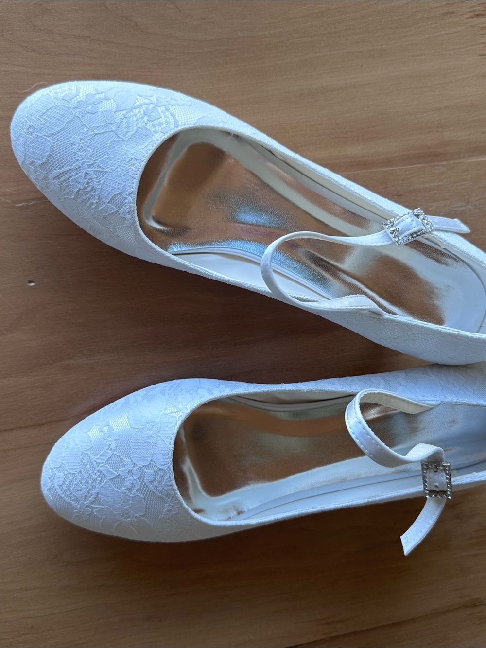 JJs House White Lace Heels with Ankle Strap and Rhinestone Buckle